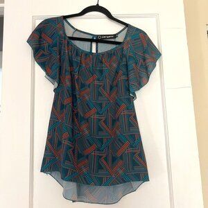 Teal and copper patterned flutter sleeve high low shirt